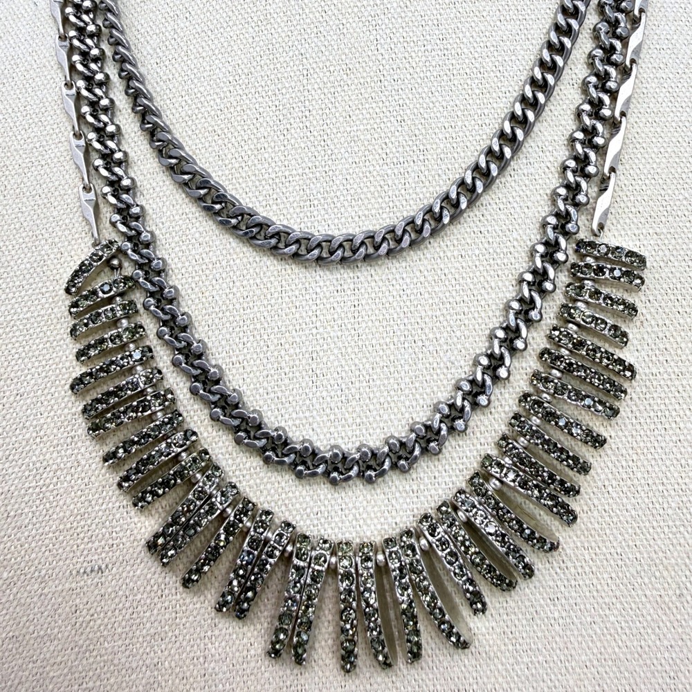 Stella & Dot Layered Statement Necklace Gunmetal Curb Chain Crystal Fringe Edgy